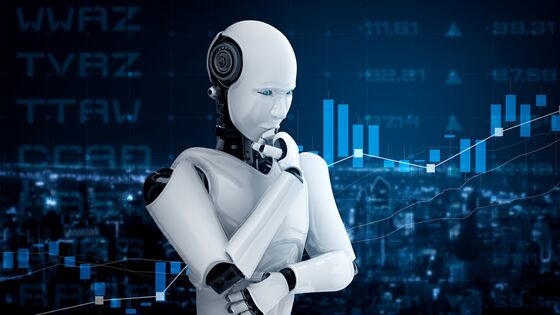 Robo-Advisor legen Geld nach bestimmten Wertpapierstrategien an: Roboter steht nachdenklich mit Hand an Kinn vor blauem Hintergrund.